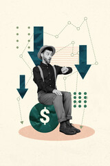 Poster - Vertical creative collage picture sitting young shocked man oldschool outfit money loss recession arrows go down drawing background