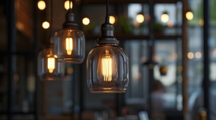 Poster - a group of light bulbs hanging from a ceiling in a room with other light bulbs hanging from the ceiling in the background.