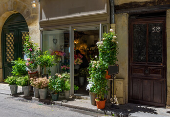 Wall Mural - Street with flower shop in Paris, France. Cozy cityscape of Paris. Architecture and landmarks of Paris.