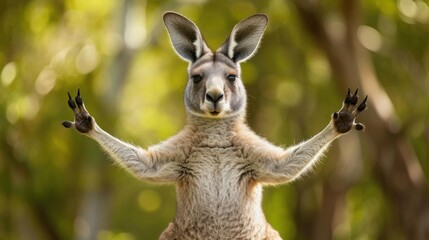 Wall Mural - a close up of a kangaroo standing on its hind legs with it's hands in the air with trees in the back