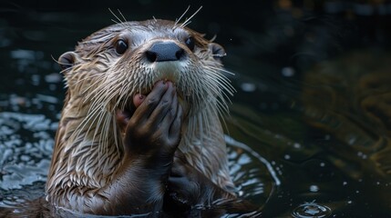 Poster - a close up of a wet otter in a body of water with it's hands on it's face.