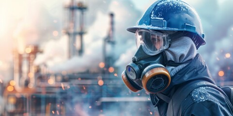 Wall Mural - Biohazard Engineer Wears Gas Mask During Chemical Leak In Industrial Setting