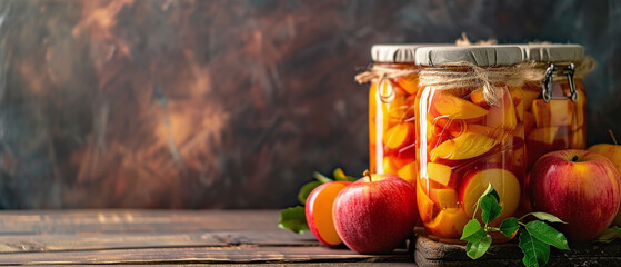Canned apples. Jar with canned apples and fresh apples on wooden table