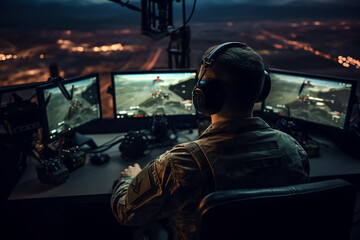 AI generated portrait of military checking and working on computer for surveillance tracking drone operations