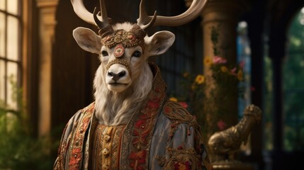 Sticker - Realistic lifelike Deer in renaissance regal medieval noble royal outfits, commercial, editorial advertisement, surreal surrealism. 18th-century historical