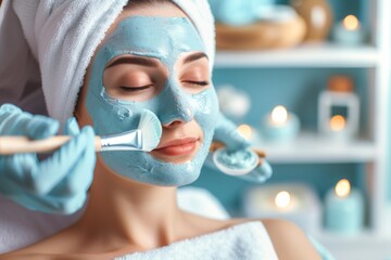 Wall Mural - Spa Beautician Applying Face Peeling Mask To Woman For Skincare Treatment