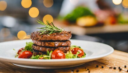 close up of gorgeous meat dish in background of blurred chef making food in professional modern kitchen and bokeh lights working concept cooks and craftsmen