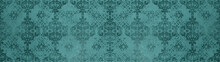 Turquoise Retro Vintage Arabesque Wallpaper Tile Wall Texture Background Banner Panorama With Floral Flowers Leaves Print, Seamless Pattern