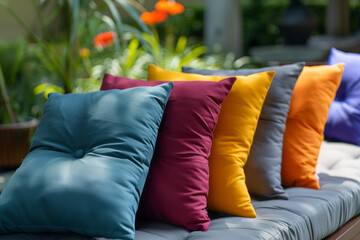 Wall Mural - Close up view about colorful and soft pillows cushion arrange on a row, composition with a blur patio area background.