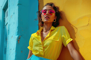 A stylish woman embraces the sunny day as she leans against a vibrant yellow wall, her fashionable sunglasses adding the perfect touch to her outfit