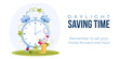 Daylight saving time begins concept. Spring forward web banner. Vector illustration of clock with rubber boots and spring flowers decoration. 