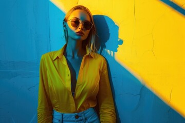 A fashionable woman exudes confidence in her electric blue sunglasses and yellow shirt, standing out on the street as a cool and stylish fashion accessory