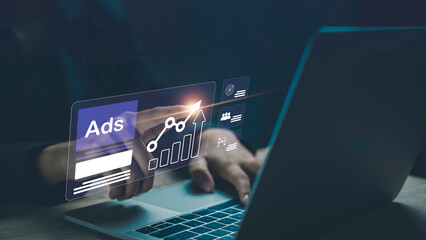 ad (advertise) show laptop display screen from advertisers on internet. ads banner campaign to targe