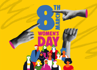 Wall Mural - Womens Day together and hands in retro collage vector illustration