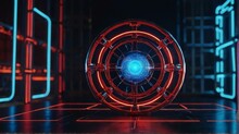 Futuristic Concept Science Nucleus Of Atom Surrounded By Electrons On Technology Background, Red Neon Lights Theme From Generative AI