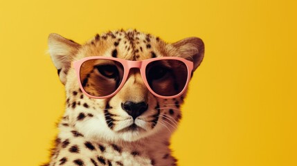 Sticker - Creative animal concept. Cheetah in sunglass shade glasses isolated on solid pastel background, commercial, editorial advertisement, surreal surrealism