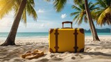 Fototapeta Mapy - Summer background travel concept, beach front white sand with a yellow travel suitcase and a coconut tree and sunlight from Generative AI