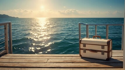 Sticker - Summer background travel concept, Wooden jetty on the sea with a white travel suitcase and sunlight from Generative AI