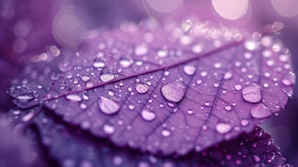  a close up of a purple leaf with drops of water on it's leaves and a purple boke of light in the background.