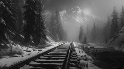 Wall Mural - a black and white photo of a train track in the middle of a snowy forest with snow on the ground.