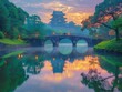 Imperial palace reflected on tranquil waters at dusk a horseshoe bridge arching gracefully overhead