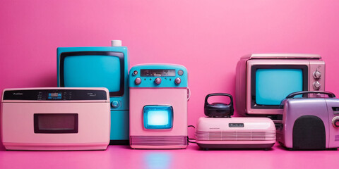 A nostalgic array of retro household appliances, from a classic television to a quaint radio, all set against a playful pink backdrop, evoking memories of yesteryear.