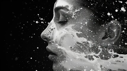 Sticker - a black and white photo of a woman's face with a splash of milk coming out of her mouth.