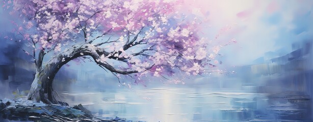 Wall Mural - illustration of beautiful cherry blossom flowers  outdoor landscape background, Generative Ai	
