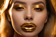 The golden hue of her golden lipstick adorns her lips like a precious organ, highlighting their allure in a captivating closeup