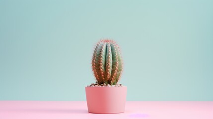 Wall Mural - a small cactus in a pink pot on a pink table against a blue and pink wall with a light green background.