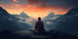 young adult meditating on mountain peak at dusk Person practicing transcendental meditation at sunrise with view of beautiful nature Illustration of person meditating on top.