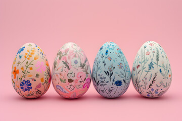 Vibrantly Painted Easter Eggs with Floral Patterns on a Soft Pink Backdrop Radiating Springtime Warmth and Festivity.