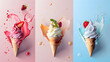 Colorful ice creams in waffle cones, 3d illustration. Banner with tasty sweet fresh fruit ice creams for website or ads. Top view of colorful ice cream scoops in cones.