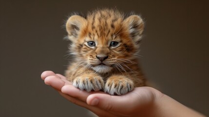 Poster - A person holding a small tiger cub in their hand