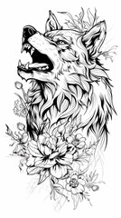 Wall Mural - A black and white drawing of a wolf surrounded by flowers