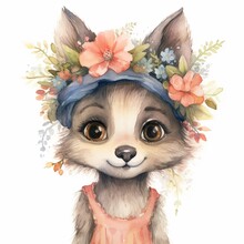 Wolf Girl In A Headband And Sundress Animal Character In A Floral Wreath And Clothes Watercolor Illustration For Children In Retro Style