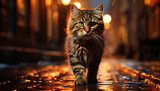 Fototapeta Uliczki - Cute kitten sitting outdoors, staring at camera in the dark generated by AI