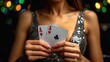 gamble, poker, casino, lucky, nightlife, chip, win, glossy fancy lady wear sexy dress rising two red aces playing cards isolated black color background