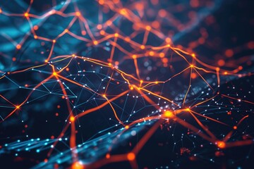 Poster - Abstract Blue and Orange Background With Lines and Dots, A web of interconnected nodes depicting the decentralized nature of blockchain technology, AI Generated