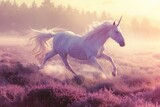 Fototapeta Konie - A white unicorn with flowing mane and tail runs energetically through a field of blooming lavender plants, A whimsical unicorn galloping across a mystical landscape, AI Generated