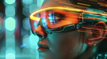 Ai Cyborg Wearing Futuristic Eyeglasses Standing By Light Trail