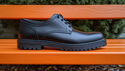 A sleek black leather shoe resting on a vibrant orange park bench, with a soft-focus background.