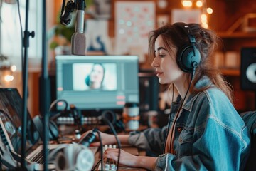 Poster - A woman sits in front of a computer, wearing headphones as she focuses on her work, A young woman recording a podcast from her stylish, home studio, AI Generated