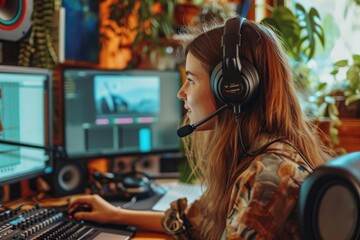 Poster - A woman wearing headphones sits at a desk in front of a computer, concentrating on her work, A young woman recording a podcast from her stylish, home studio, AI Generated