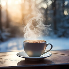 Poster - A cup of steaming coffee on a winter morning.