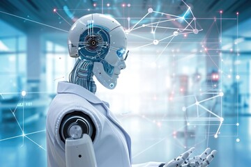 Poster - A robot holding a tablet in its hands, displaying information on its screen, AI chatbot as a digital health advisor, AI Generated