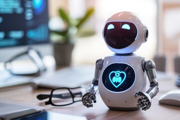 Poster - A white robot is seen sitting on a wooden desk, AI chatbot as a digital health advisor, AI Generated