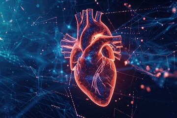 Poster - A heart shape depicted through interconnected lines and dots, creating a visually intriguing pattern, AI-powered early warning system for cardiac arrest, AI Generated