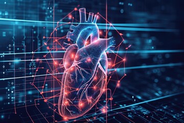 Poster - An image featuring a heart shape in the center, circled by intersecting lines and dots, creating a captivating visual effect, AI-powered early warning system for cardiac arrest, AI Generated