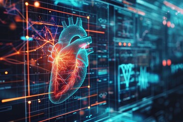 Poster - A computer screen displaying a heart symbol, AI-powered early warning system for cardiac arrest, AI Generated